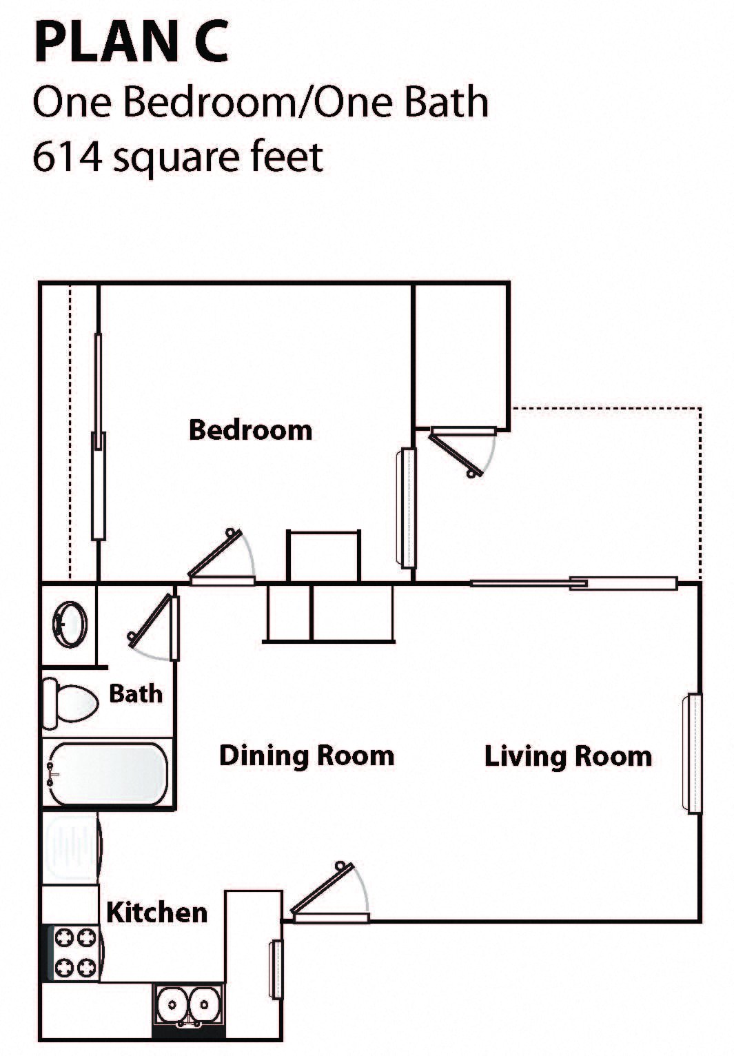 Floor plan for 1 bed, 1 bath, 615 sqft
